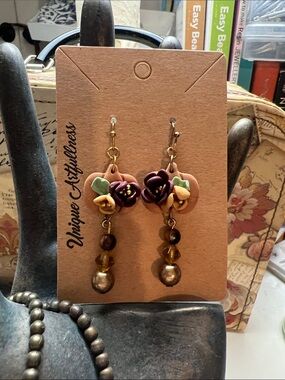 Polymer clay handmade floral Drop pumpkin Earrings in Mauve, Yellow & Green